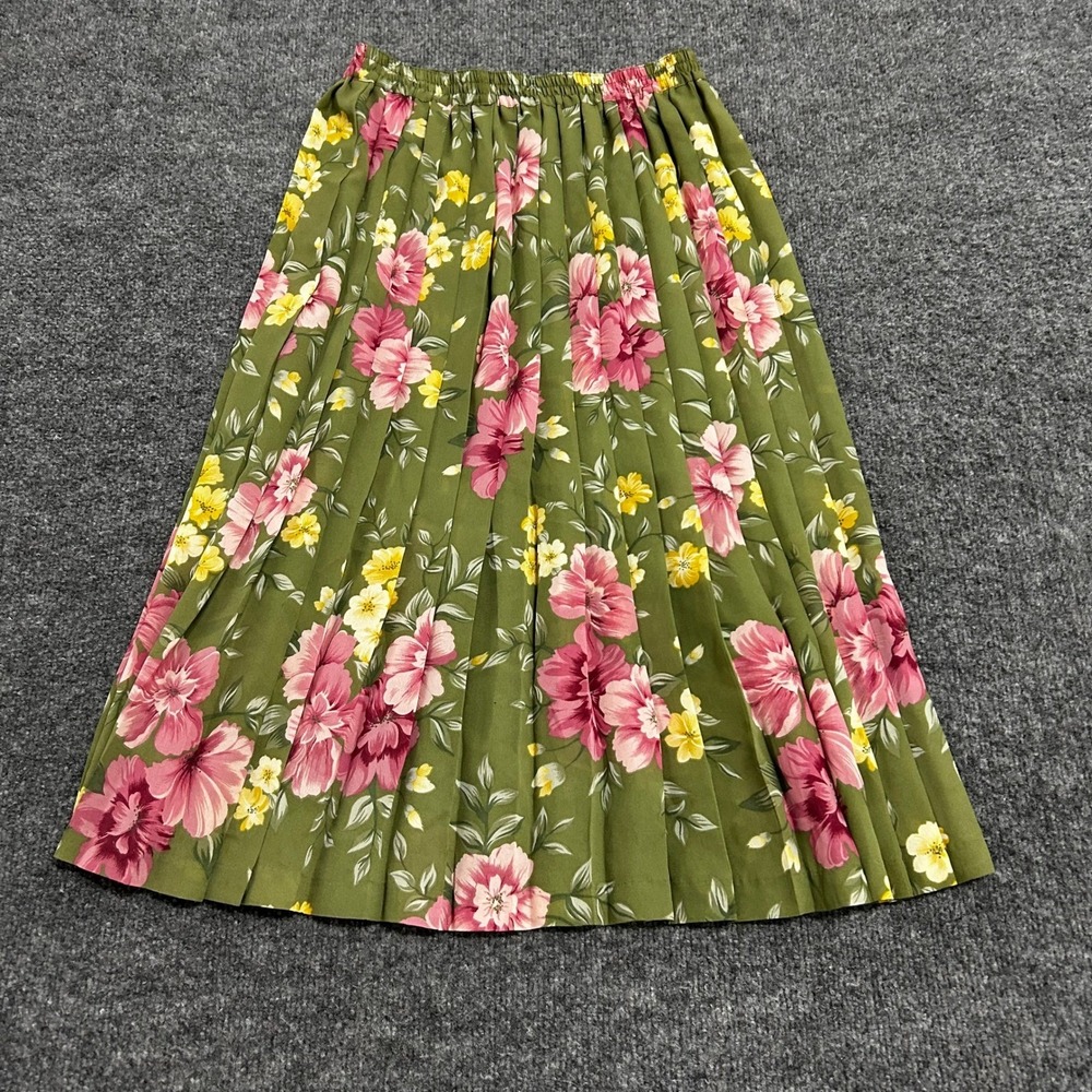 Alfred Dunner Skirt Womens Size 12P Green Floral Pleated Elastic Waist Midi